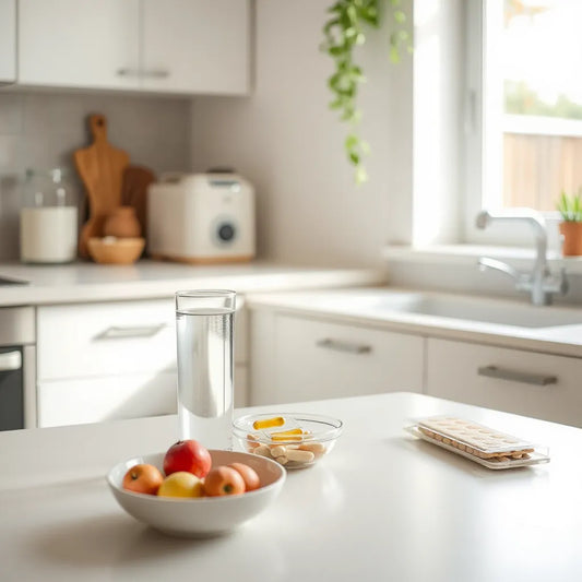 Morning countertop with water, fresh fruit, and a simple wellness routine setup in natural light