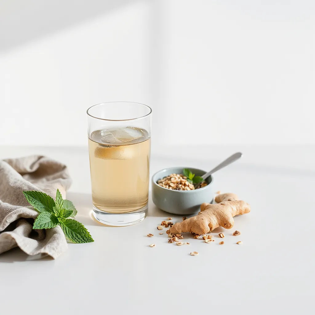 Warm water and fiber-rich foods on a kitchen counter for gentle digestive support