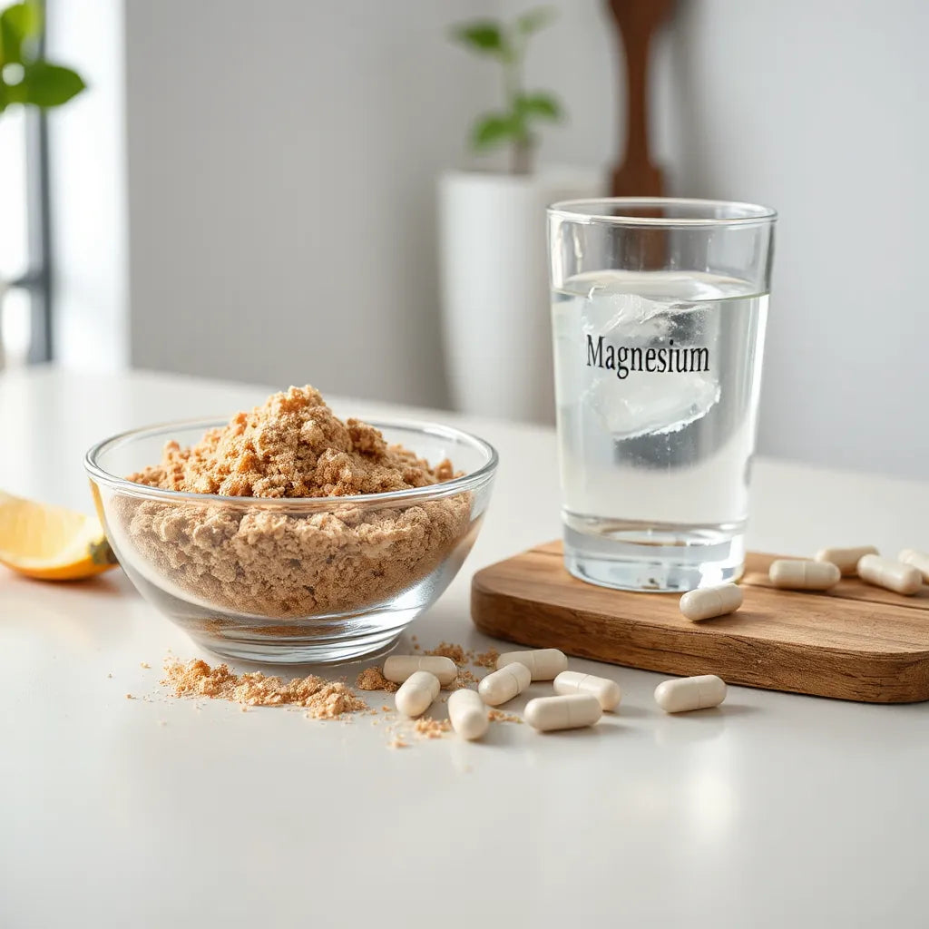 Magnesium capsules beside a bowl of fiber-rich supplement with a glass of water on a clean countertop