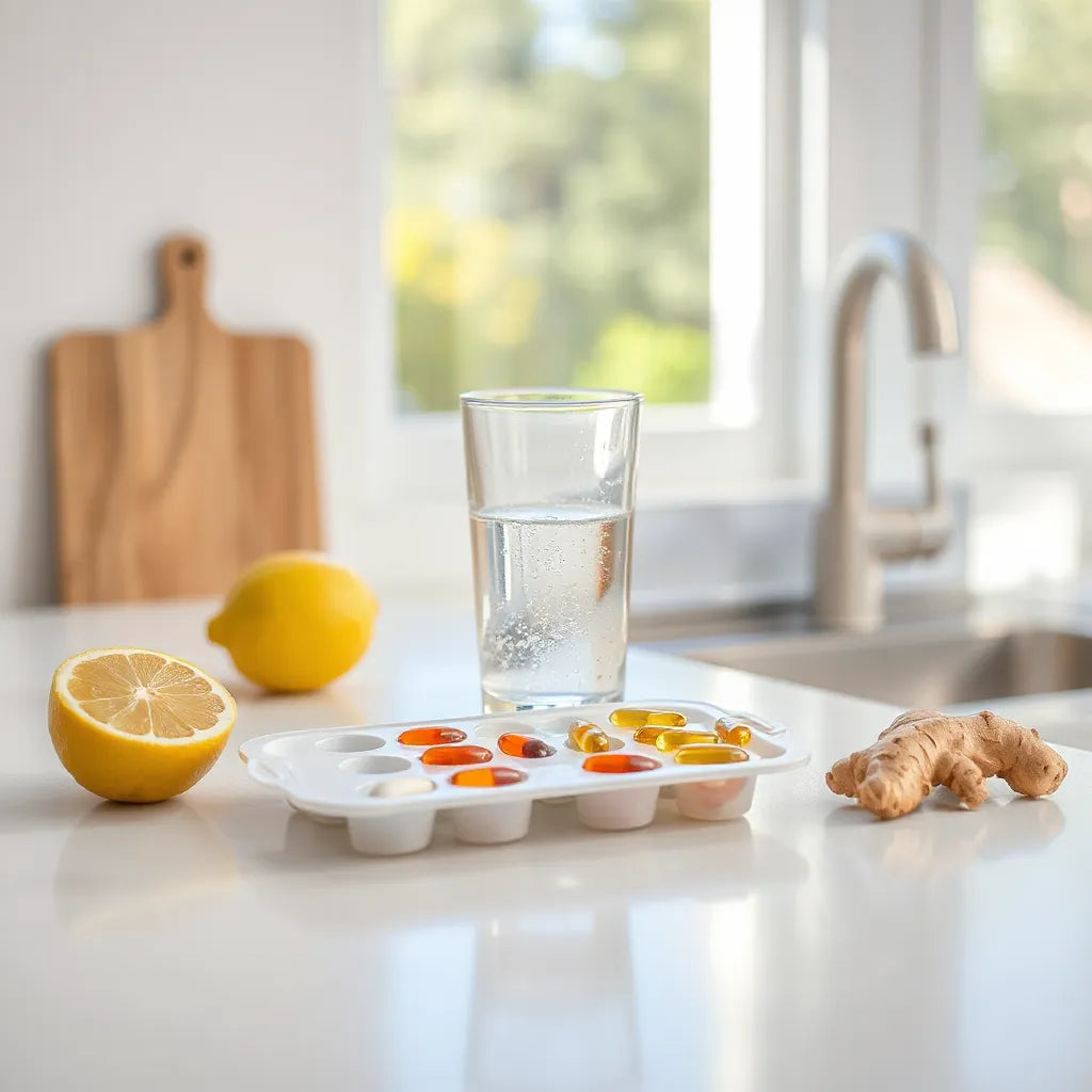Daily energy supplement capsules and tablets beside water, lemon, and ginger on a sunlit kitchen counter