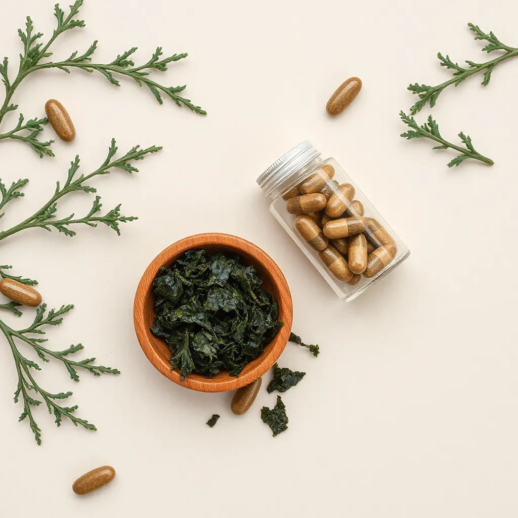 Dark green seaweed flakes and clear capsules arranged in a small wooden bowl on a light background