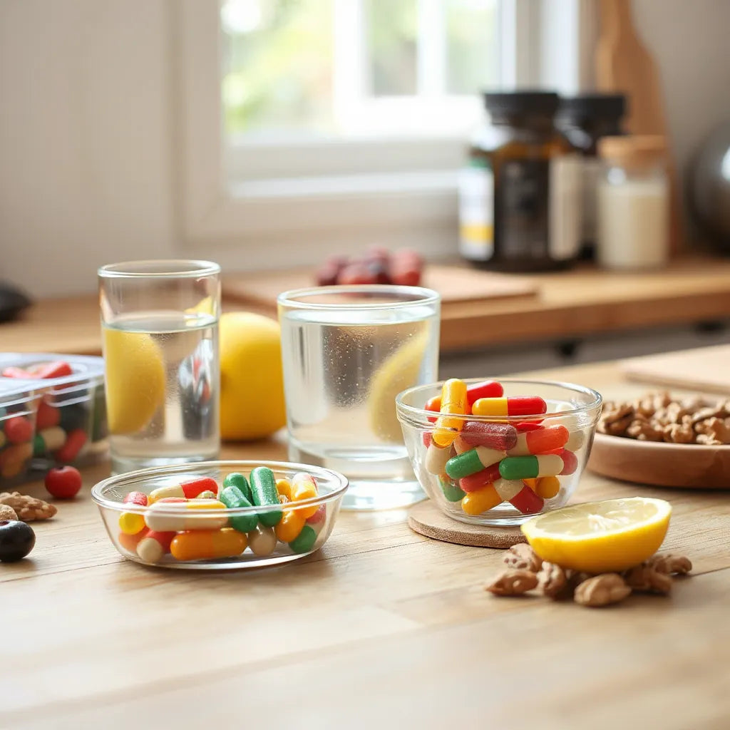 Colorful capsules and a glass of water on a wooden counter with lemon and soft background foods