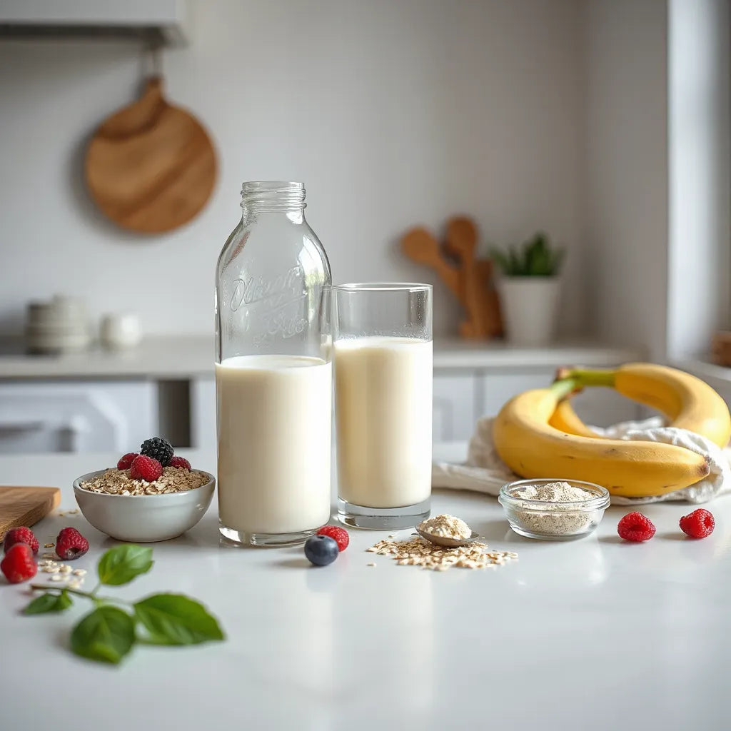 Creamy meal replacement shake in a glass with shaker bottle and wholesome ingredients on a clean countertop