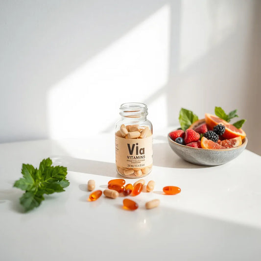 Glass bottle of vitamins beside fresh organic ingredients on a clean countertop