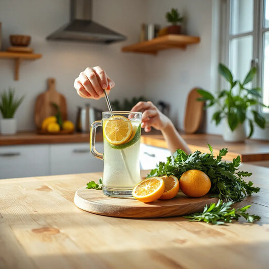 Person preparing a healthy morning drink with fresh citrus and herbs in a sunlit kitchen