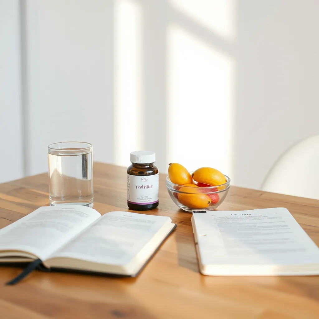 Morning wellness setup with water, fruit, and neatly arranged daily routine items on a wooden table