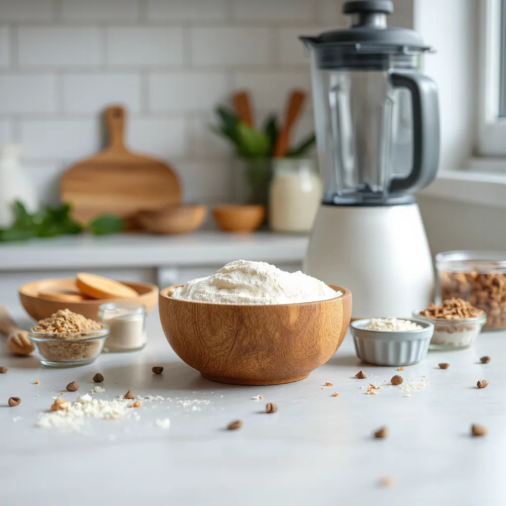 Creamy vegan protein blend powder with plant-based protein scoops on a kitchen countertop