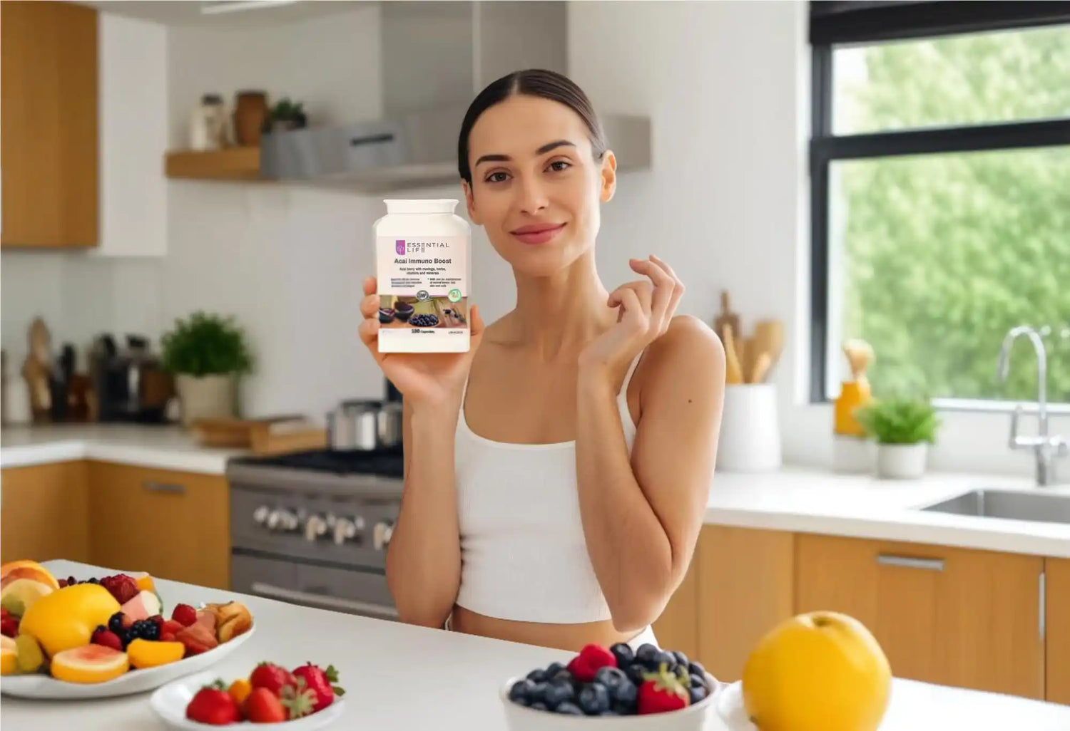 Woman holding a bottle of dietary supplements in a kitchen setting