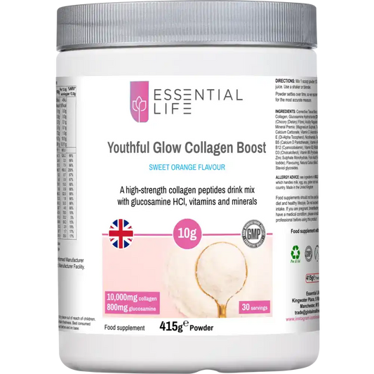 Essential Life Youthful Glow Collagen Boost powder.