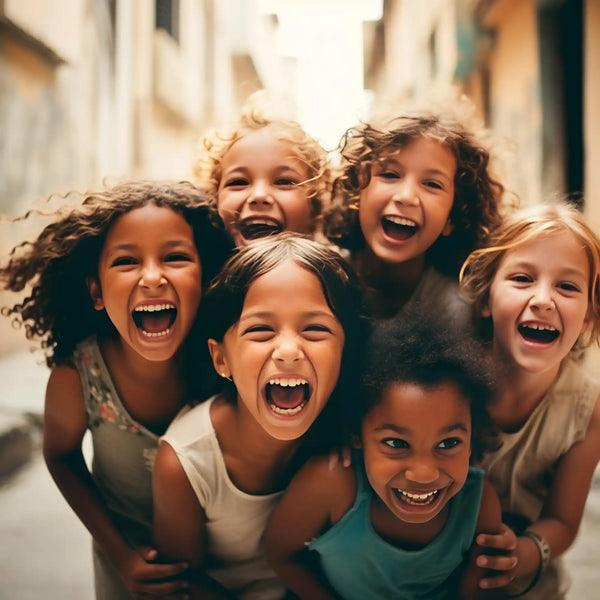 Laughing group of diverse children.