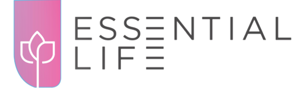 Logo combining a shield shape, stylized flower icon, and "ESSENTIAL LIFE" text in a minimalist design