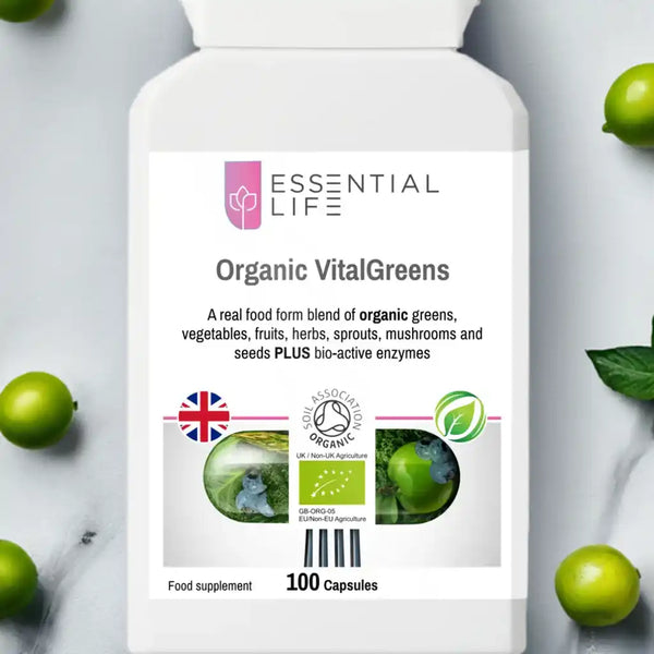 Organic VitalGreens supplement bottle.