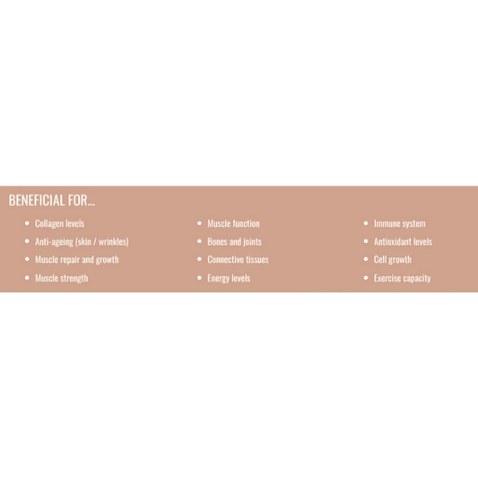 Benefits of collagen mix vitamins and supplements listed on a beige banner, including muscle, skin, immune support.