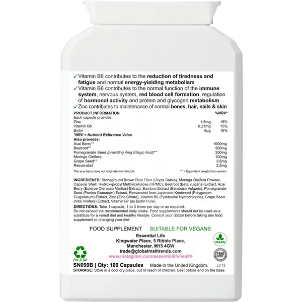 Supplement bottle with ingredient information.