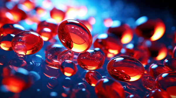 Translucent red gel capsules.