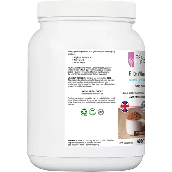 Whey protein powder container.